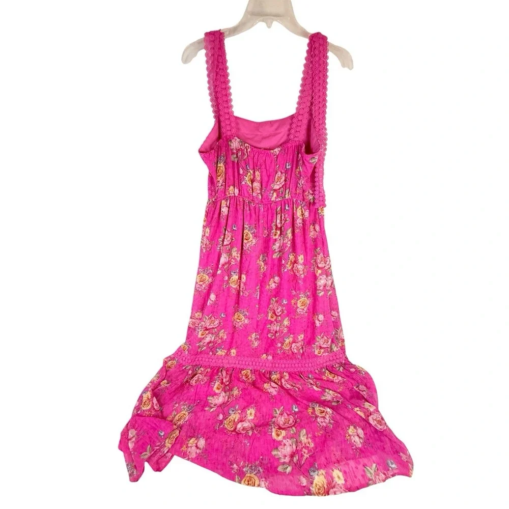 Blu‎ Pepper Pink Floral Lace Trim Maxi Dress Cottagecore Boho Romantic Size L